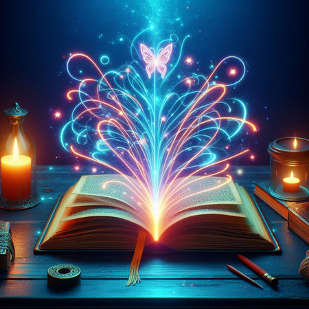 Open glowing neon magic book lying on the table. Illustration created using ai toolsの写真素材