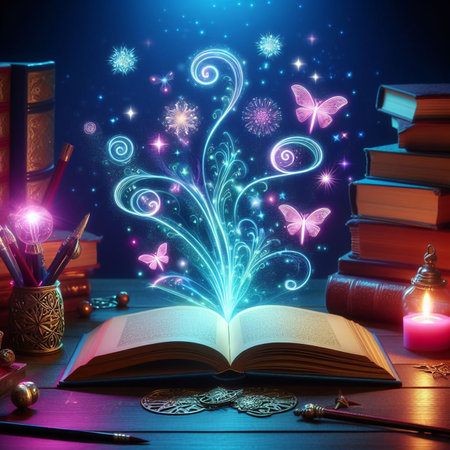Open glowing neon magic book lying on the table. Illustration created using ai toolsの写真素材