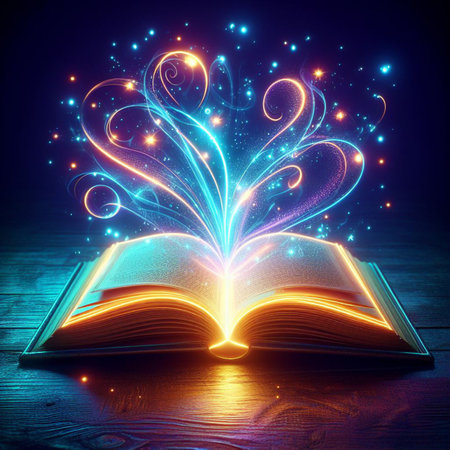 Open glowing neon magic book lying on the table. Illustration created using ai toolsの写真素材