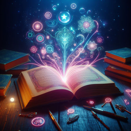 Open glowing neon magic book lying on the table. Illustration created using ai toolsの写真素材