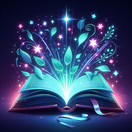 Open glowing neon magic book lying on the table. Illustration created using ai toolsの写真素材