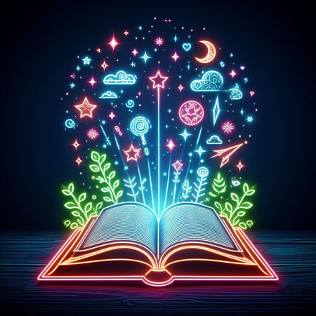 Open glowing neon magic book lying on the table. Illustration created using ai toolsの写真素材
