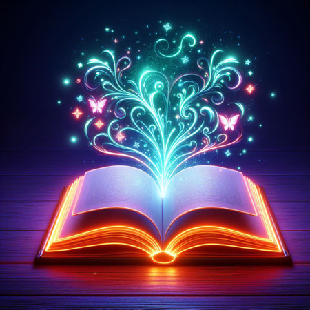 Open glowing neon magic book lying on the table. Illustration created using ai toolsの写真素材