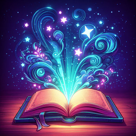 Open glowing neon magic book lying on the table. Illustration created using ai toolsの写真素材