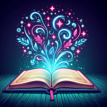 Open glowing neon magic book lying on the table. Illustration created using ai toolsの写真素材