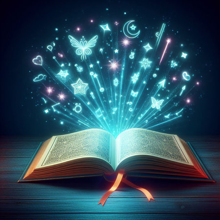 Open glowing neon magic book lying on the table. Illustration created using ai toolsの写真素材