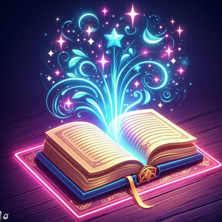 Open glowing neon magic book lying on the table. Illustration created using ai toolsの写真素材