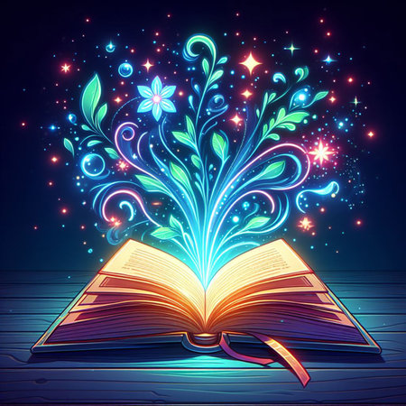 Open glowing neon magic book lying on the table. Illustration created using ai toolsの写真素材