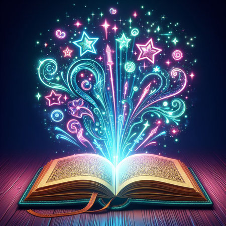 Open glowing neon magic book lying on the table. Illustration created using ai toolsの写真素材