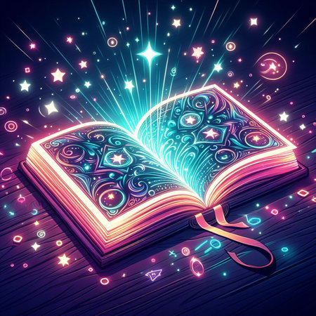 Open glowing neon magic book lying on the table. Illustration created using ai toolsの写真素材