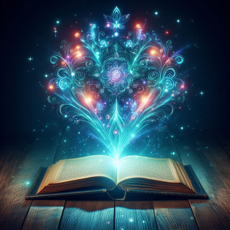 Open glowing neon magic book lying on the table. Illustration created using ai toolsの写真素材