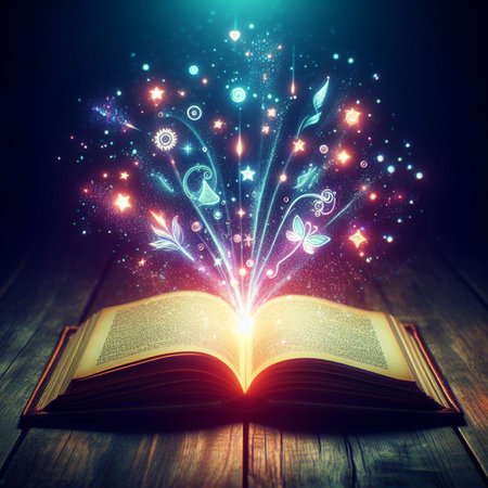 Open glowing neon magic book lying on the table. Illustration created using ai toolsの写真素材