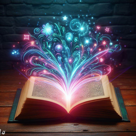 Open glowing neon magic book lying on the table. Illustration created using ai toolsの写真素材