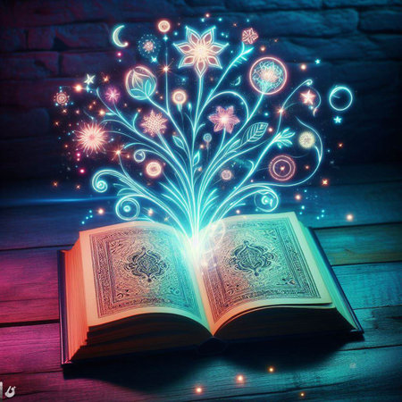 Open glowing neon magic book lying on the table. Illustration created using ai toolsの写真素材
