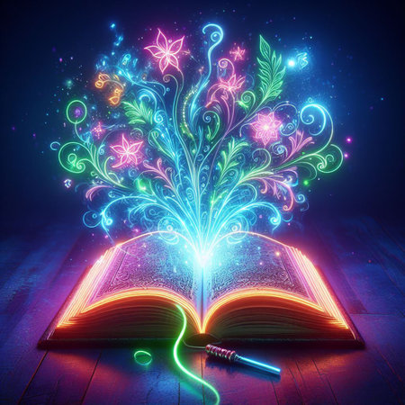 Open glowing neon magic book lying on the table. Illustration created using ai toolsの写真素材