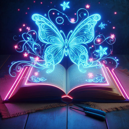 Open glowing neon magic book lying on the table. Illustration created using ai toolsの写真素材