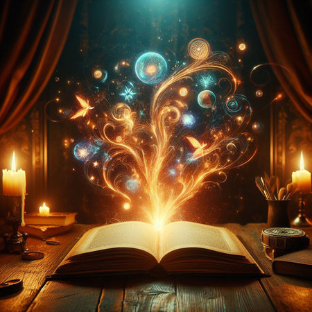 Open glowing neon magic book lying on the table. Illustration created using ai toolsの写真素材
