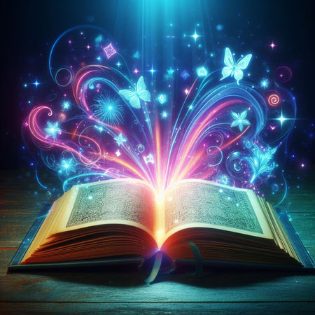 Open glowing neon magic book lying on the table. Illustration created using ai toolsの写真素材