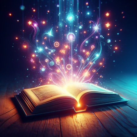 Open glowing neon magic book lying on the table. Illustration created using ai toolsの写真素材