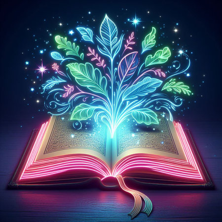 Open glowing neon magic book lying on the table. Illustration created using ai toolsの写真素材