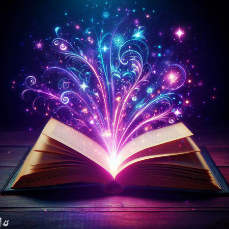 Open glowing neon magic book lying on the table. Illustration created using ai toolsの写真素材