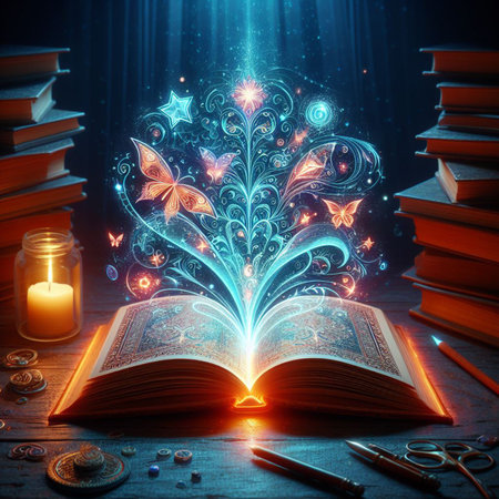 Open glowing neon magic book lying on the table. Illustration created using ai toolsの写真素材
