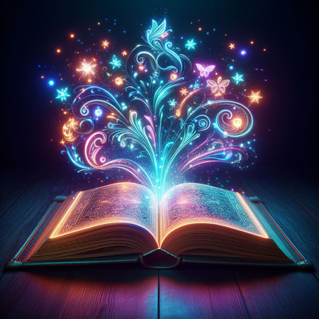 Open glowing neon magic book lying on the table. Illustration created using ai toolsの写真素材