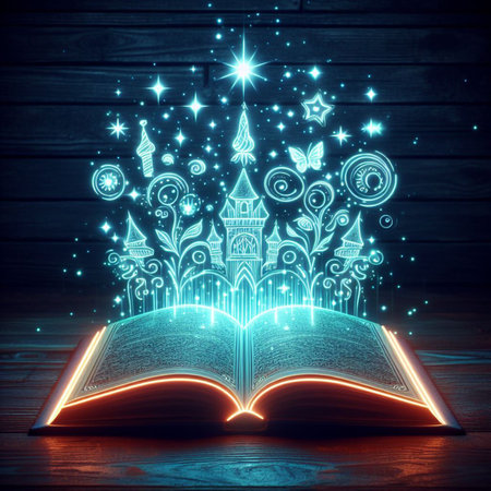 Open glowing neon magic book lying on the table. Illustration created using ai toolsの写真素材