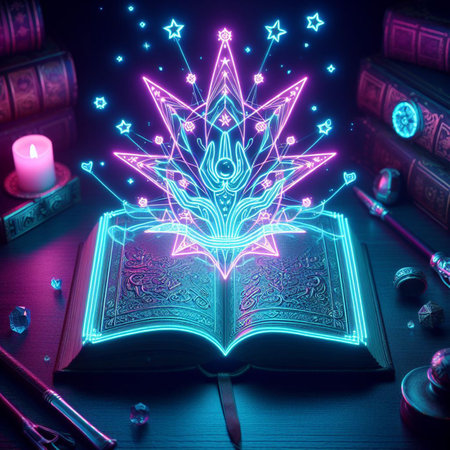 Open glowing neon magic book lying on the table. Illustration created using ai toolsの写真素材