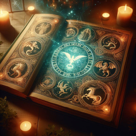 Open glowing neon magic book lying on the table. Illustration created using ai toolsの写真素材