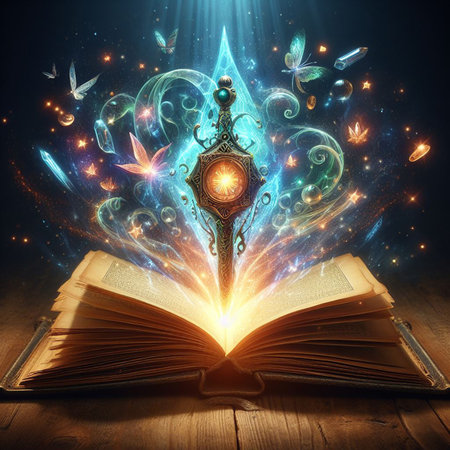 Open glowing neon magic book lying on the table. Illustration created using ai toolsの写真素材