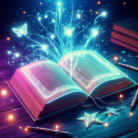 Open glowing neon magic book lying on the table. Illustration created using ai toolsの写真素材