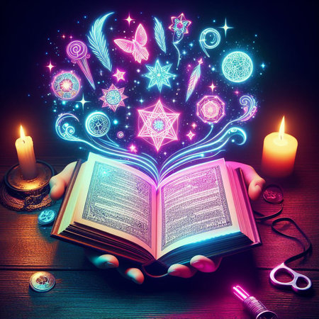 Open glowing neon magic book lying on the table. Illustration created using ai toolsの写真素材