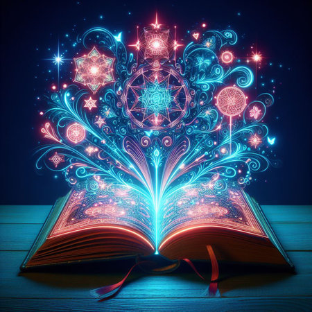 Open glowing neon magic book lying on the table. Illustration created using ai toolsの写真素材