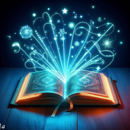 Open glowing neon magic book lying on the table. Illustration created using ai toolsの写真素材