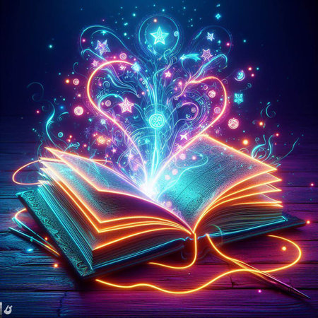 Open glowing neon magic book lying on the table. Illustration created using ai toolsの写真素材