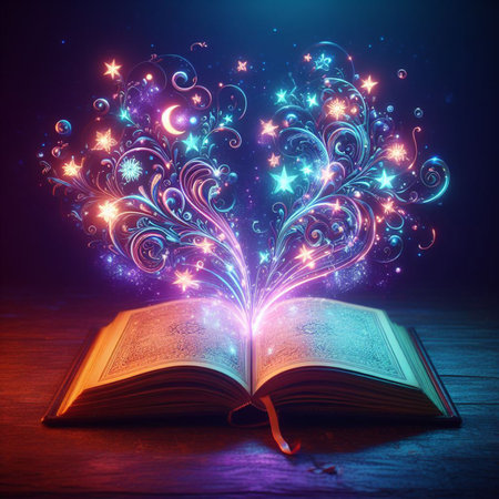 Open glowing neon magic book lying on the table. Illustration created using ai toolsの写真素材