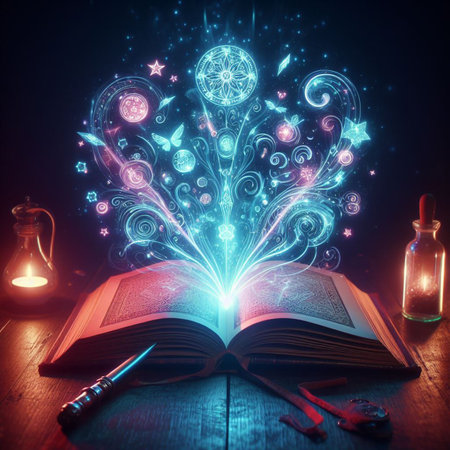Open glowing neon magic book lying on the table. Illustration created using ai toolsの写真素材