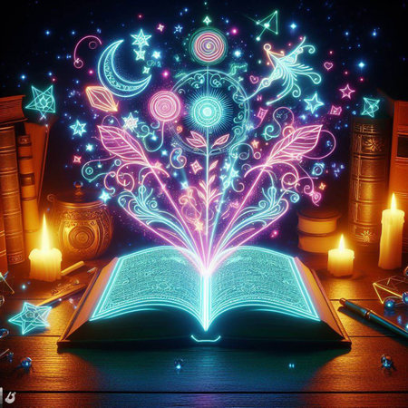Open glowing neon magic book lying on the table. Illustration created using ai toolsの写真素材