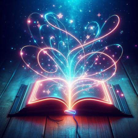 Open glowing neon magic book lying on the table. Illustration created using ai toolsの写真素材