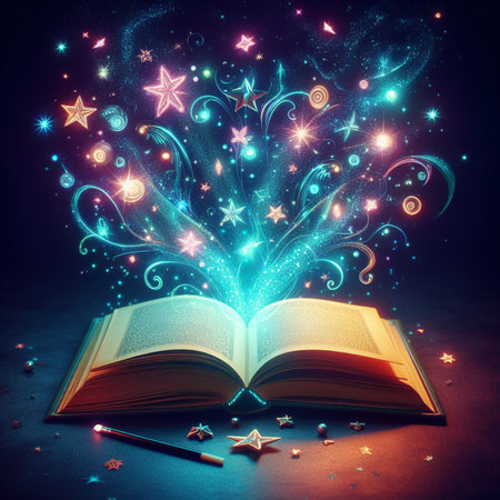 Open glowing neon magic book lying on the table. Illustration created using ai toolsの写真素材