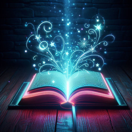 Open glowing neon magic book lying on the table. Illustration created using ai toolsの写真素材