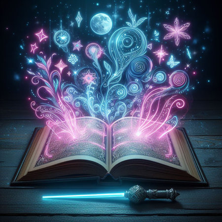 Open glowing neon magic book lying on the table. Illustration created using ai toolsの写真素材