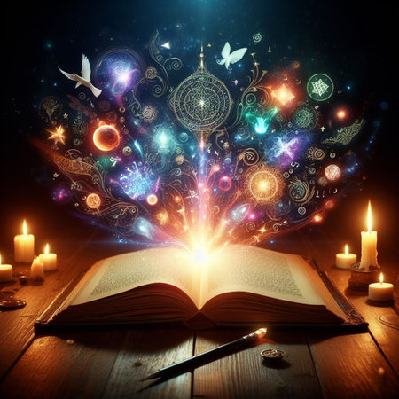 Open glowing neon magic book lying on the table. Illustration created using ai toolsの写真素材