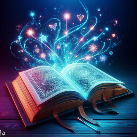 Open glowing neon magic book lying on the table. Illustration created using ai toolsの写真素材