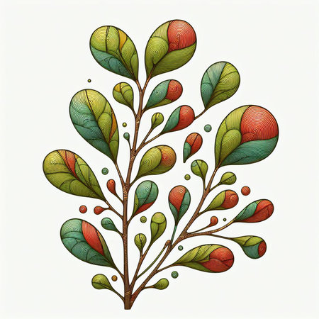 Hand drawn, doodle branch with colorful leaves. Floral element for design of greeting card, invitations and more. Illustration, isolated on white background. Illustration created using aiの写真素材