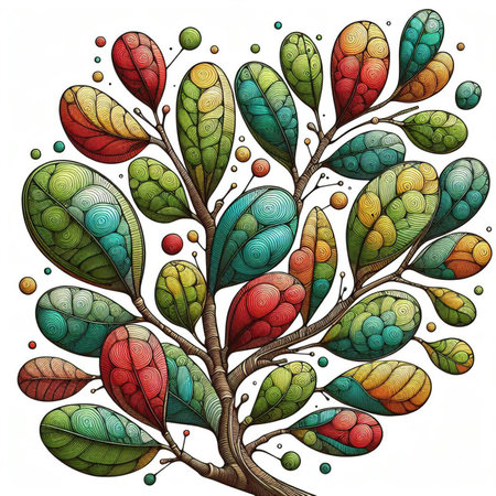 Hand drawn, doodle branch with colorful leaves. Floral element for design of greeting card, invitations and more. Illustration, isolated on white background. Illustration created using aiの写真素材