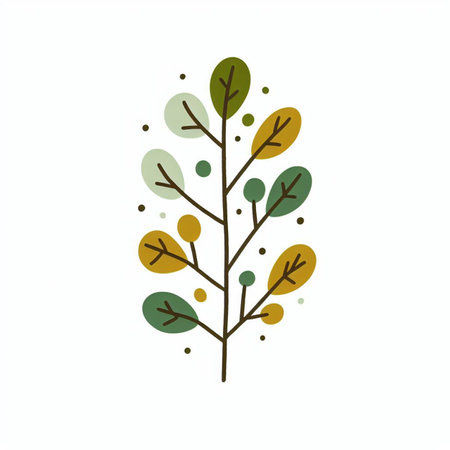 Hand drawn, doodle branch with colorful leaves. Floral element for design of greeting card, invitations and more. Illustration, isolated on white background. Illustration created using aiの写真素材