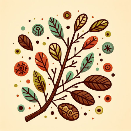 Hand drawn, doodle branch with colorful leaves. Floral element for design of greeting card, invitations and more. Illustration, isolated on white background. Illustration created using aiの写真素材