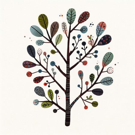 Hand drawn, doodle branch with colorful leaves. Floral element for design of greeting card, invitations and more. Illustration, isolated on white background. Illustration created using aiの写真素材